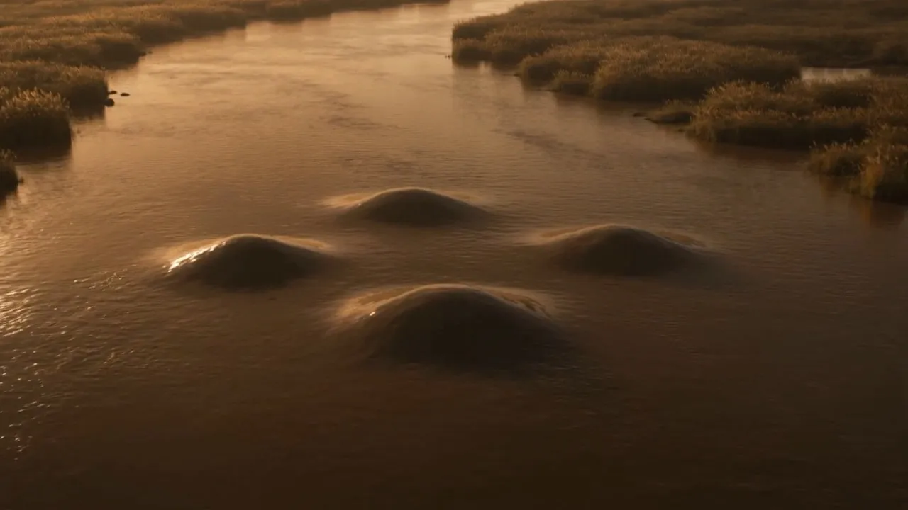 Then the water bulges — points along the current swelling upward, streaming