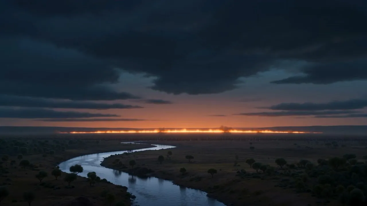 On the horizon, a line of fire from one edge of the world to the other