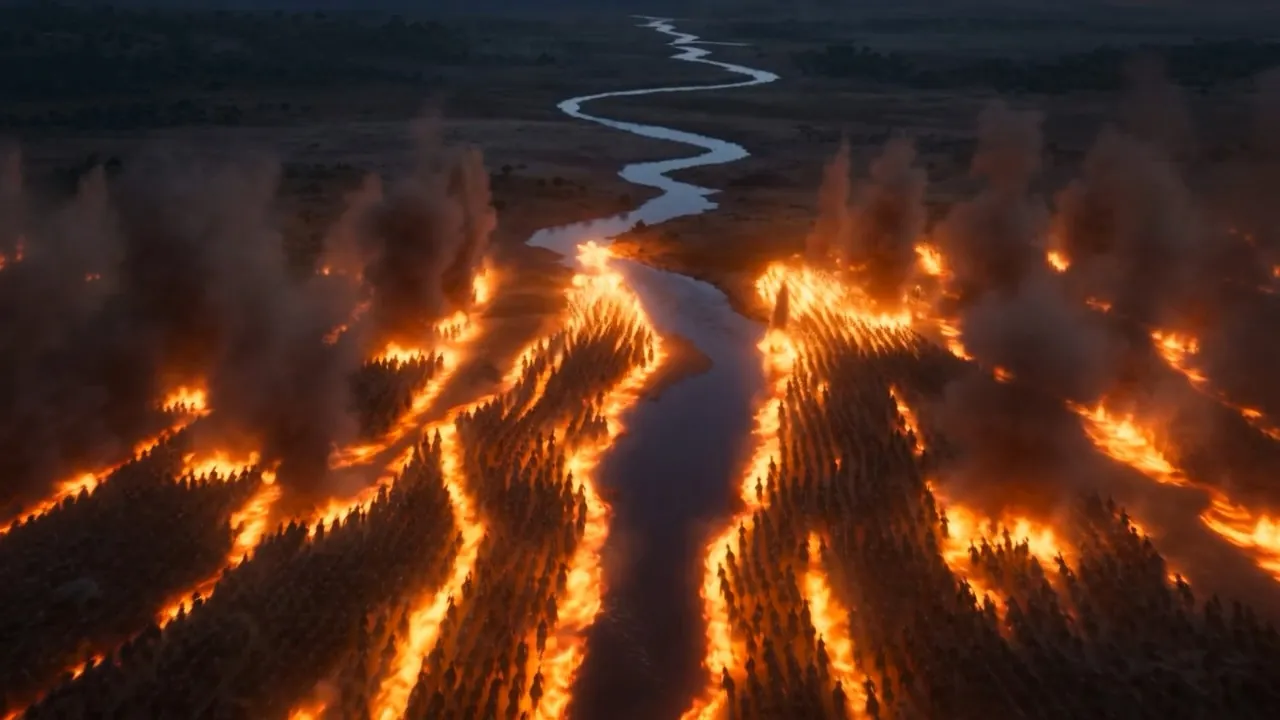 Lane after lane of ember-bright motion, all one direction, all one speed