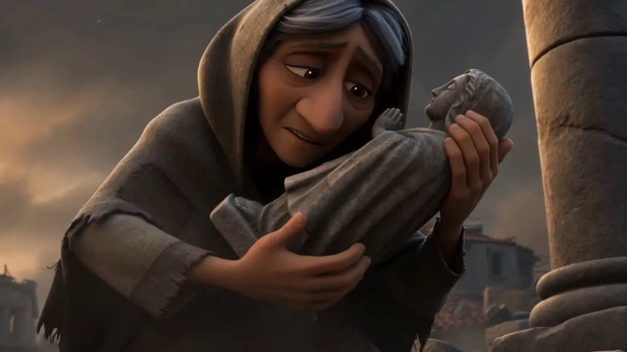 A woman lifts a stone god out of the wreckage and carries it like a rescued child