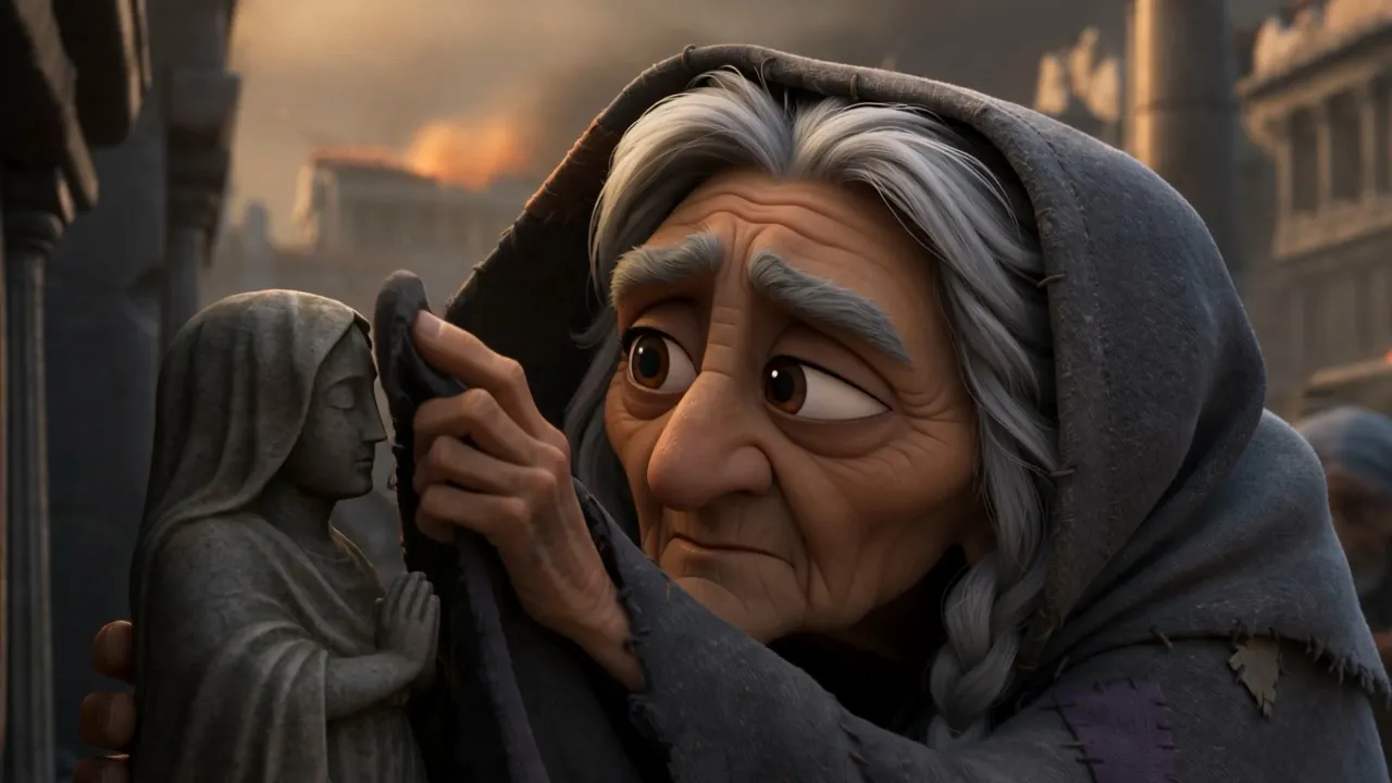 A grandmother dusts a blind stone face with the corner of her shawl