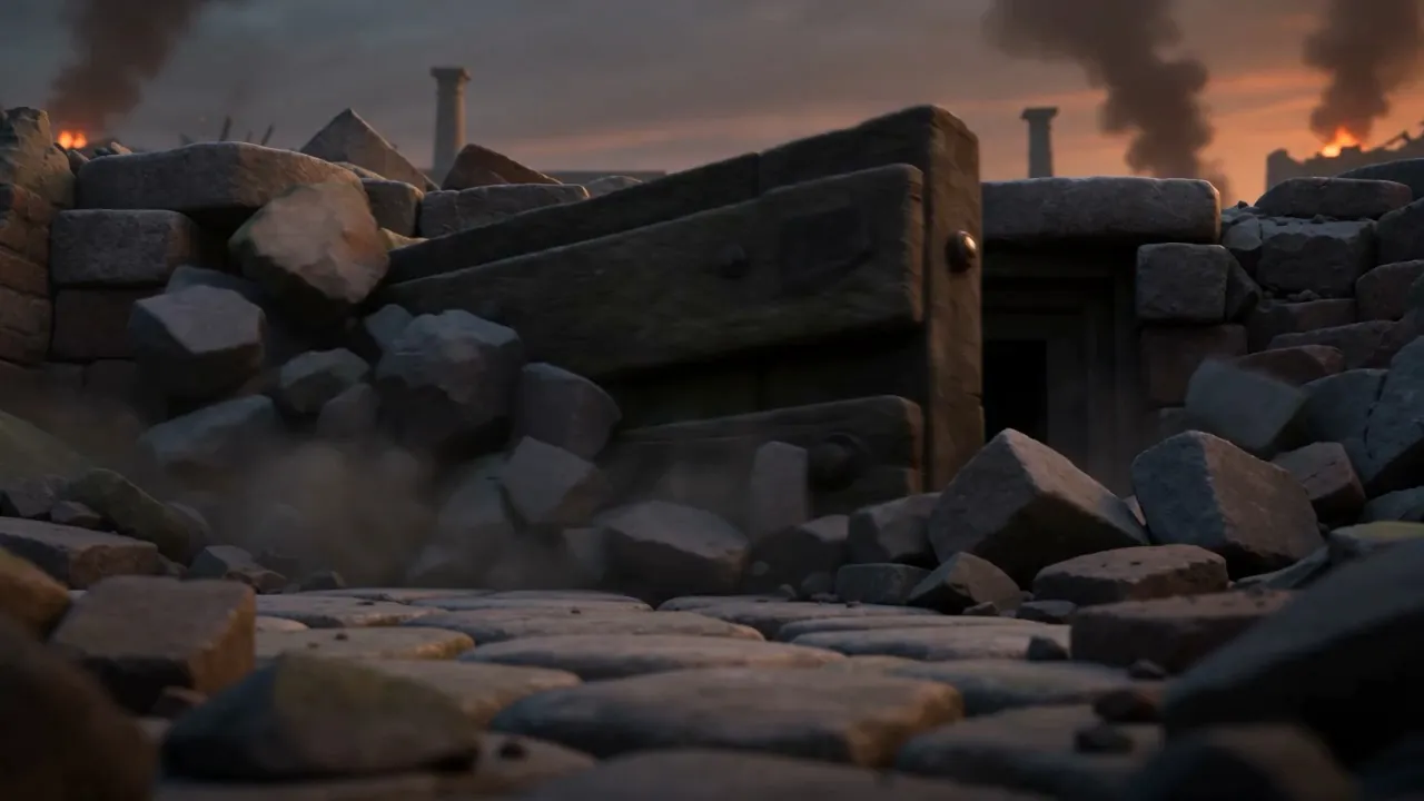 A cellar door heaves open through the rubble