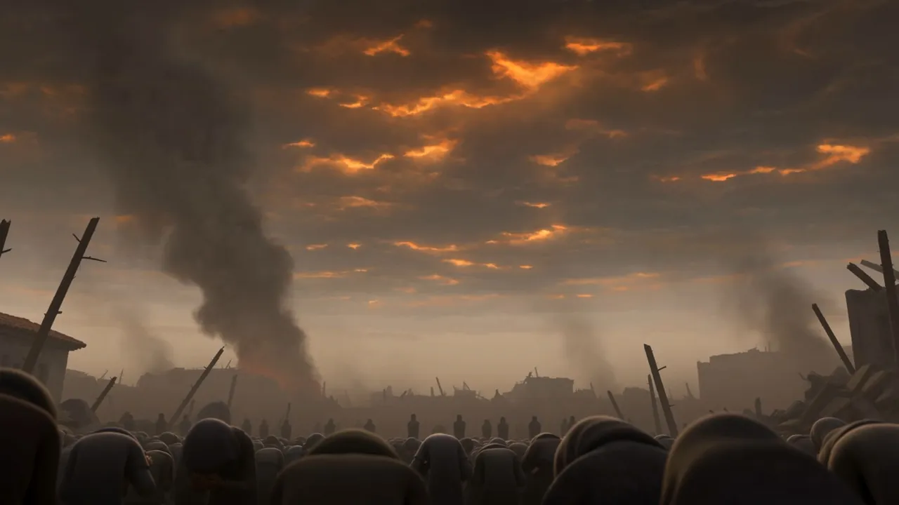 Bowed backs below. Heaven on fire above. Not one face turned up