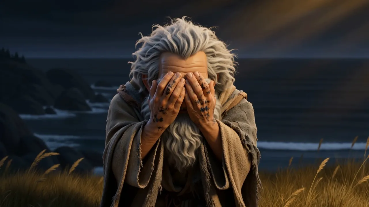 He lifts both ink-stained hands and covers his face, the way a man does at a graveside