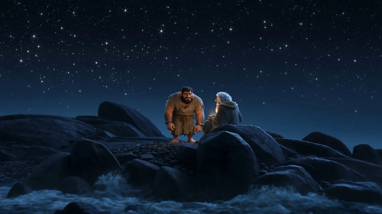Stars out to every edge of the world, and two men on a rock