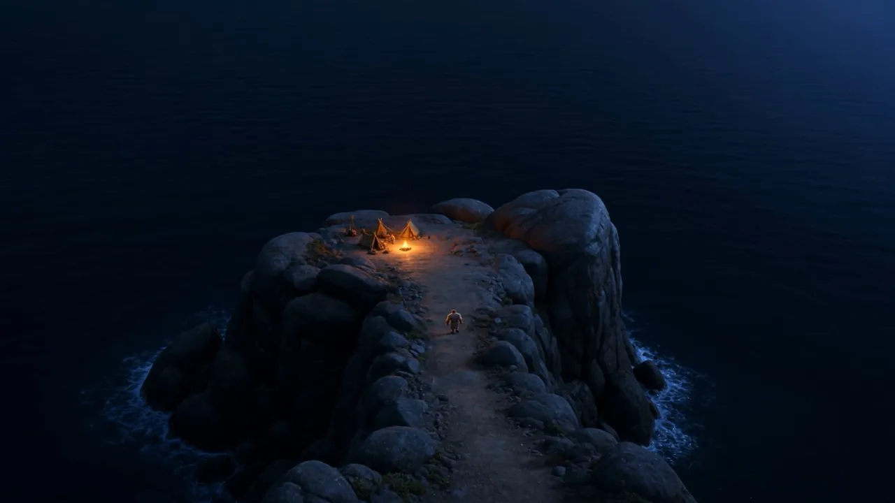 A small stubborn shape picking its way down toward the fire below