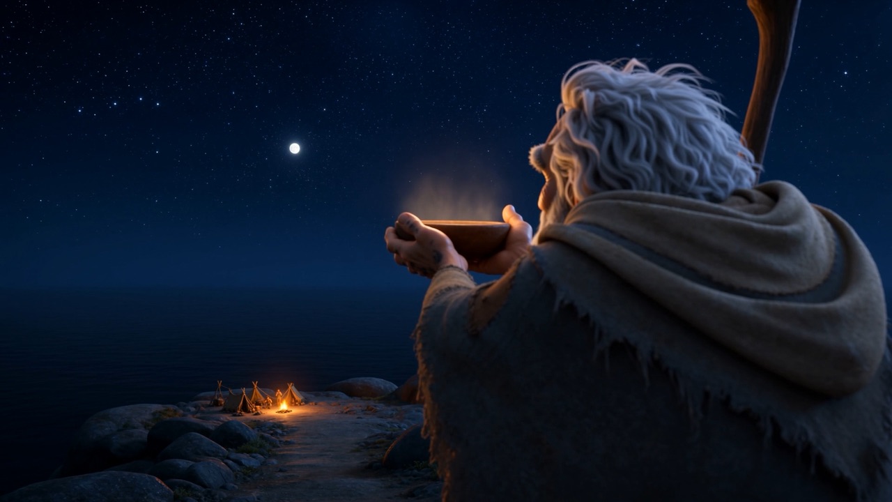 By starlight on a clifftop, an old man in a fleece cloak lifts a shallow bowl of glowing molten gold toward the moon, a campfire far below.