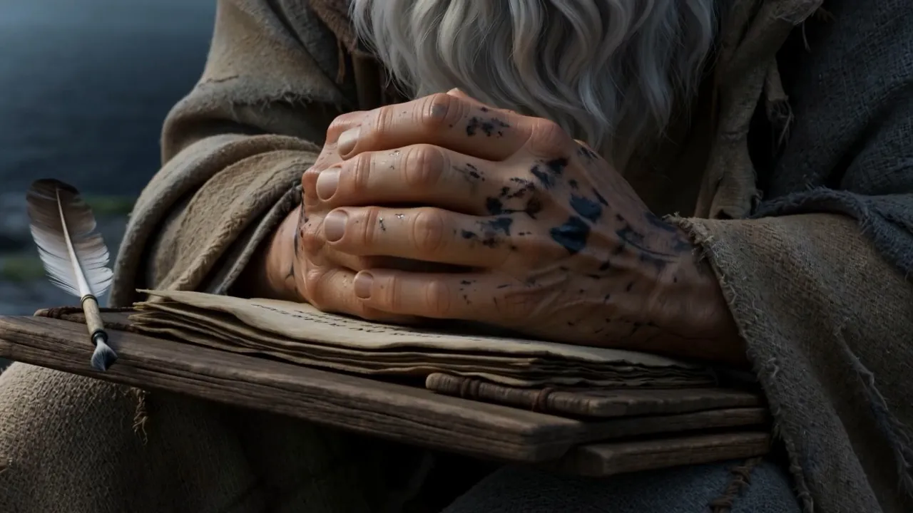 Hands folded over the closed page. Not his to finish