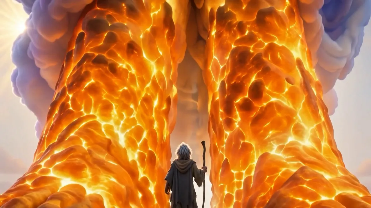 Until he stands between two burning columns and cranes his head all the way back