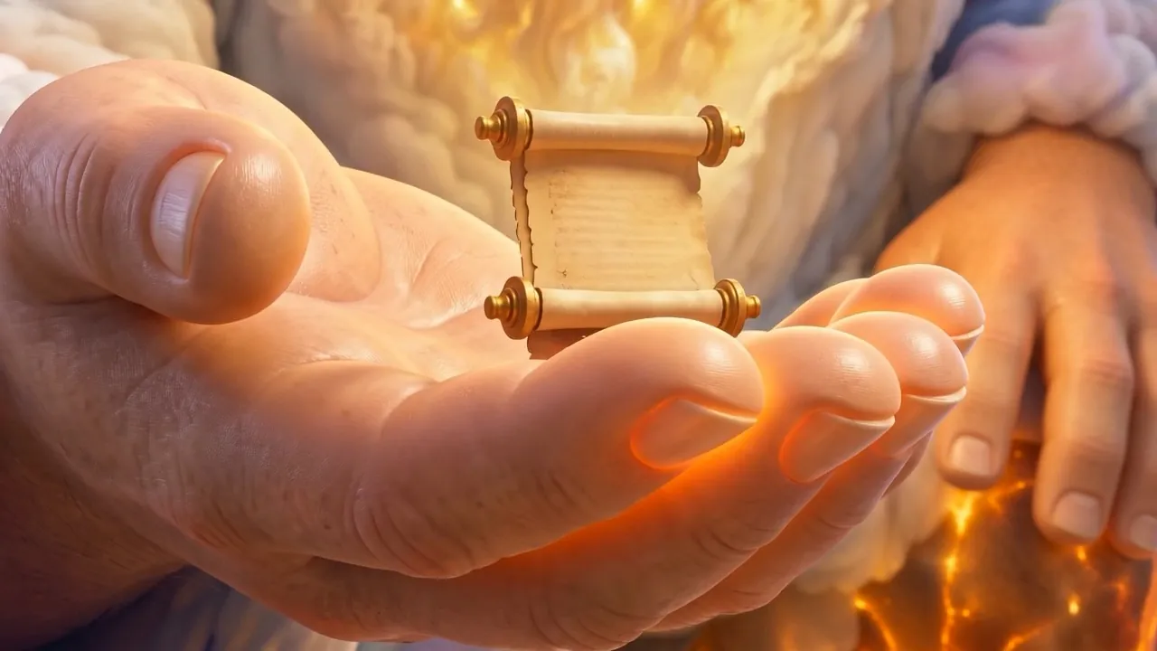 The great hand lowers, with the little scroll balanced on it