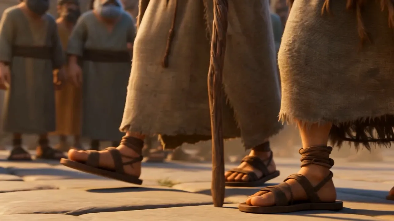 Worn sandals, worn wood, and no hurry at all