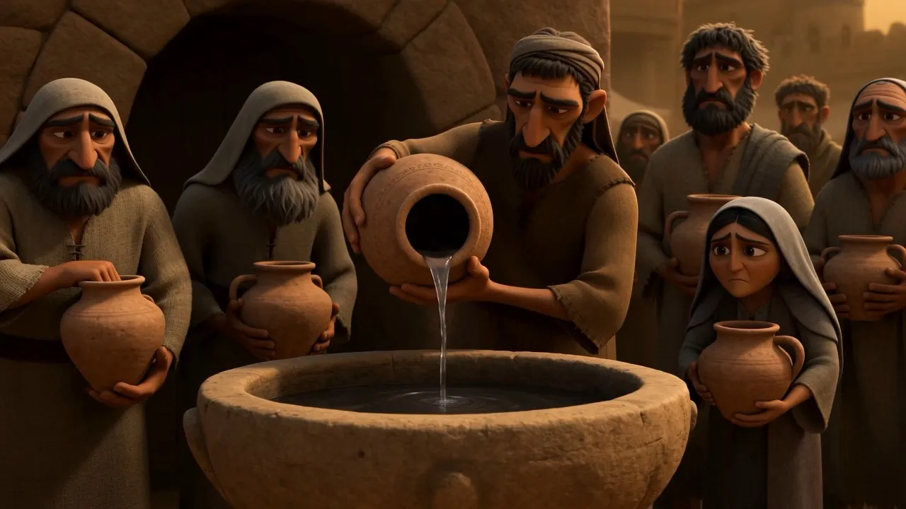 At the public cistern the jars queue for a thin rationed ladle-stream