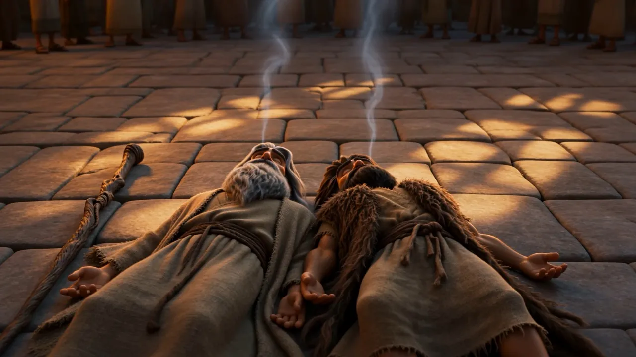 Down in the square: two still forms, side by side, as if asleep