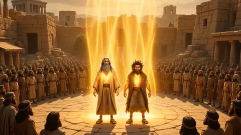 Two men in sackcloth standing in a ring of empty flagstones at dawn, columns of golden light pouring down over them while a silent crowd watches from the edge of the square.