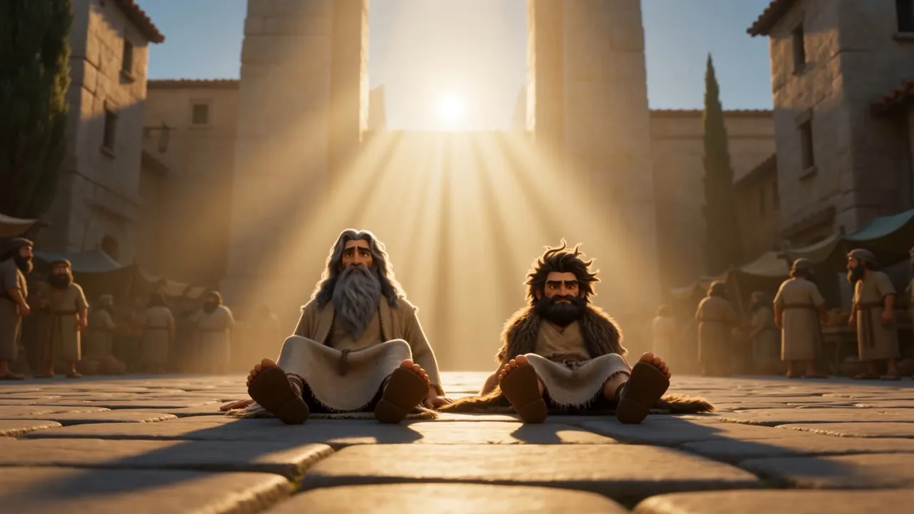 Two men sit up on the flagstones, in the middle of the morning, in front of everybody