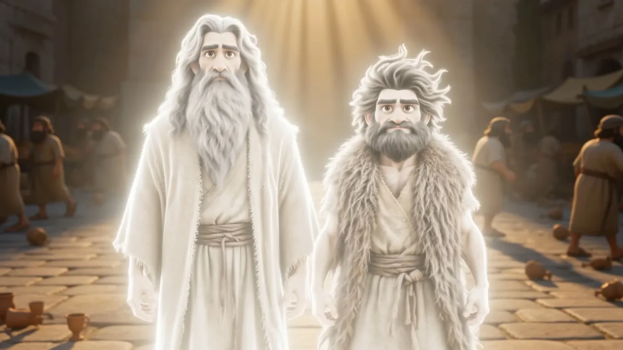 Two figures of blazing white, standing exactly where the still forms lay