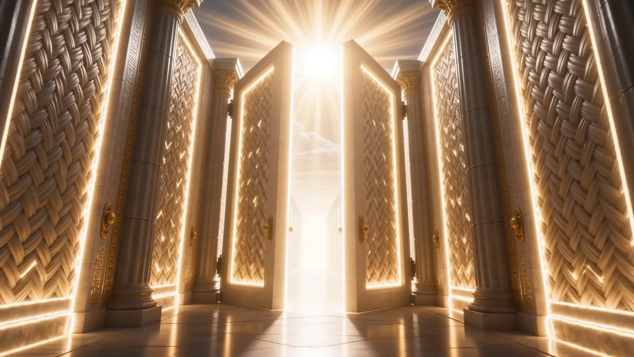 Deep in heaven, doors of woven light — and they swing wide