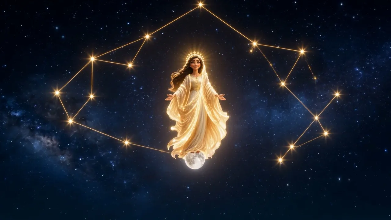A sign blooms across the whole of the night: a woman, painted at constellation scale