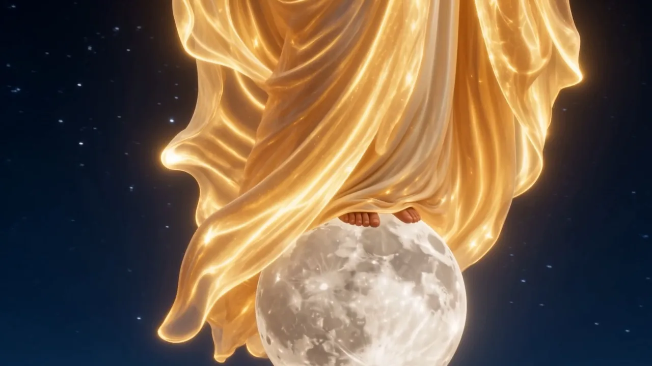 Bare feet resting on the full moon, robes of moving daylight falling past it