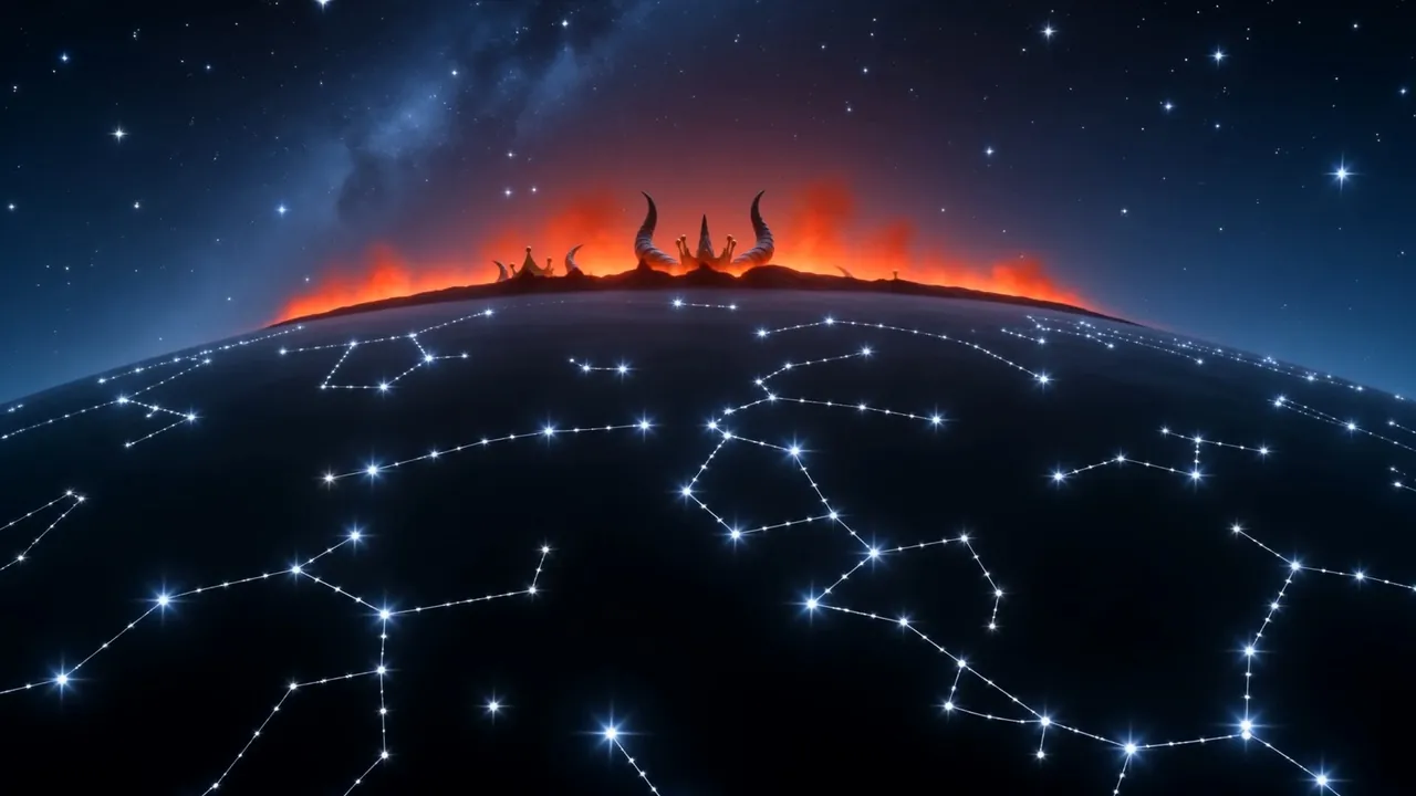 Horns break the horizon. The constellations behind them go out