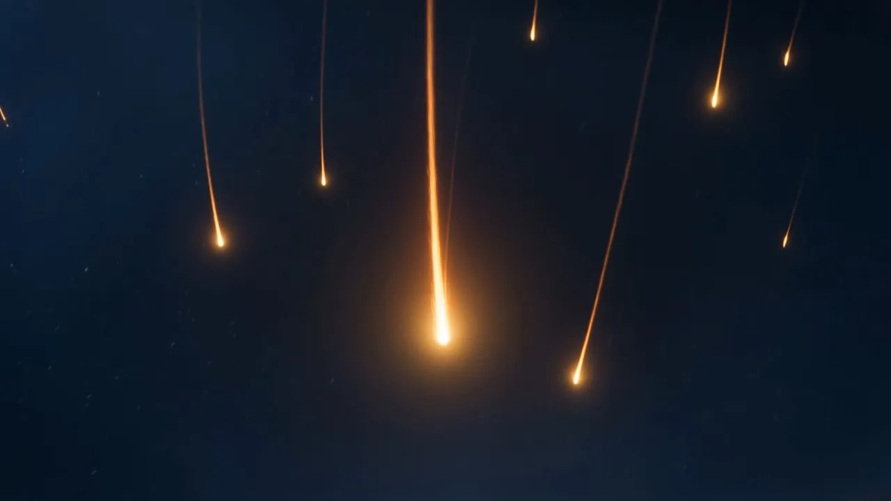 They fall in long thin fire-lines, hundreds of them, down the dark