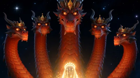 A vast red dragon rears against the stars, crowned heads spread wide, as a small figure of pure light stands far below between its coils.