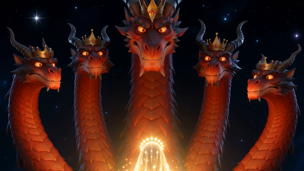 A vast red dragon rears against the stars, crowned heads spread wide, as a small figure of pure light stands far below between its coils.