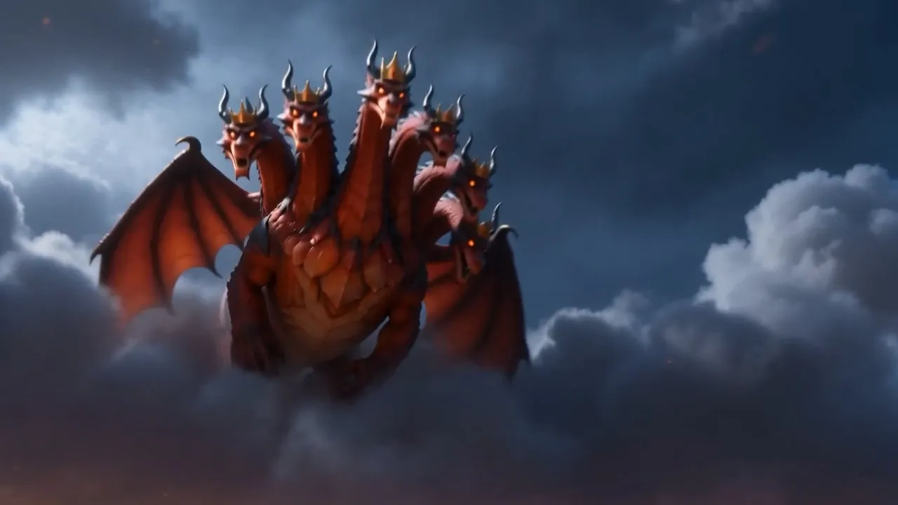 And out of the coil he comes up all at once, wings wide, every head hunting