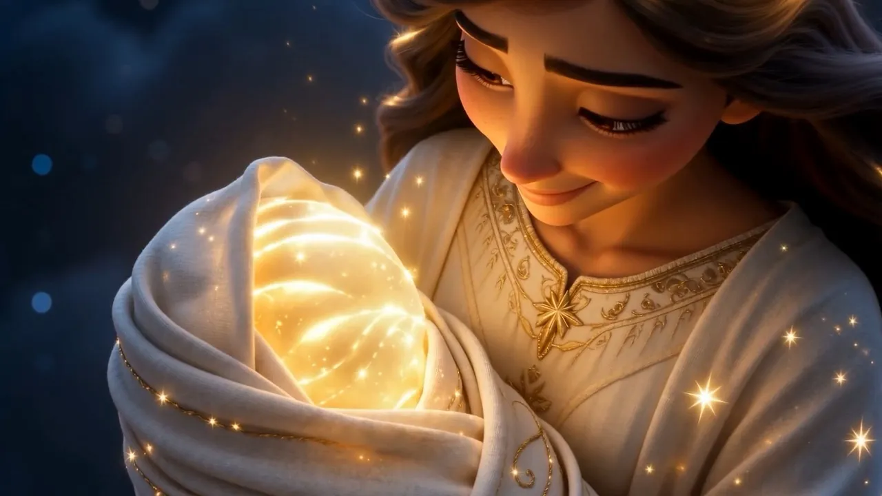 Her light crests — and the Child is simply there: a bundle of morning in swaddling