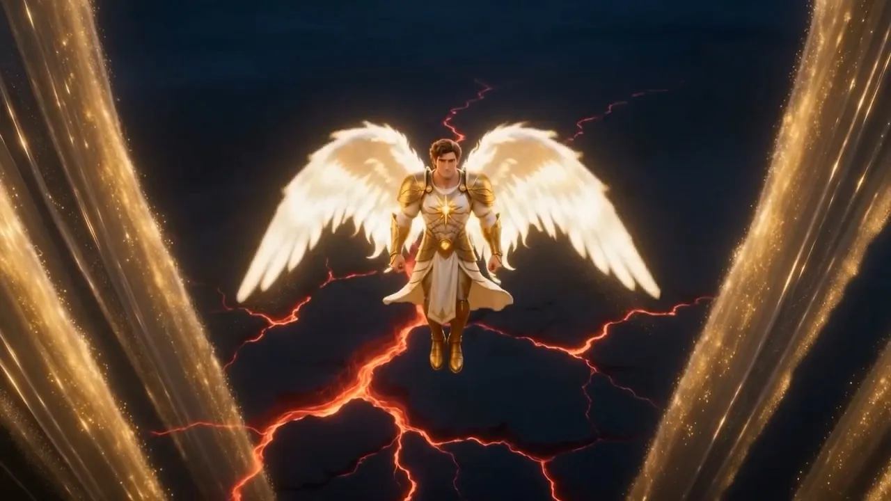 The ranks of heaven draw aside like curtains of dawn, and one figure comes down through them
