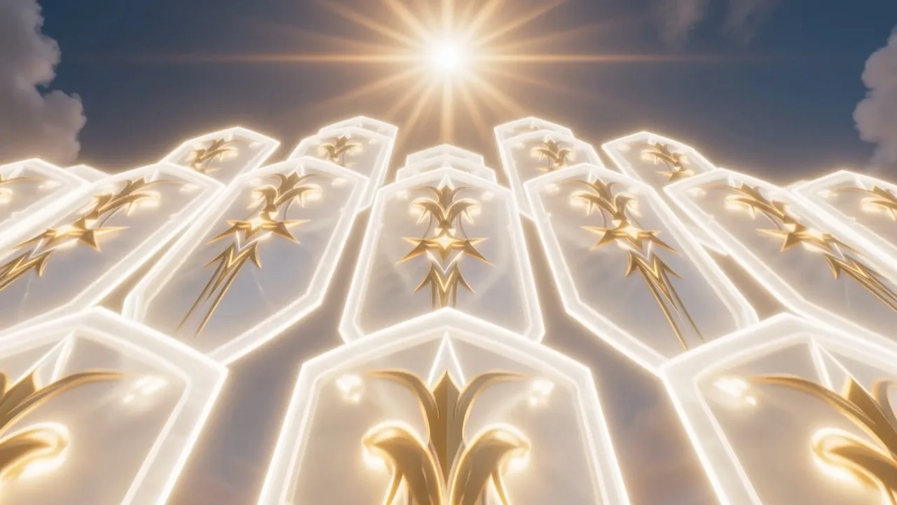 The front rank locks — shields of pure radiance swinging together edge to edge