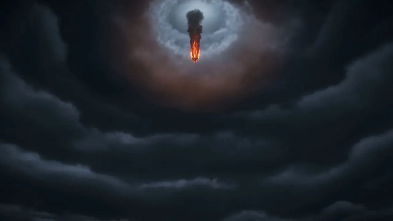 Down through the cloud-layers, a red comet with a tail of falling dark