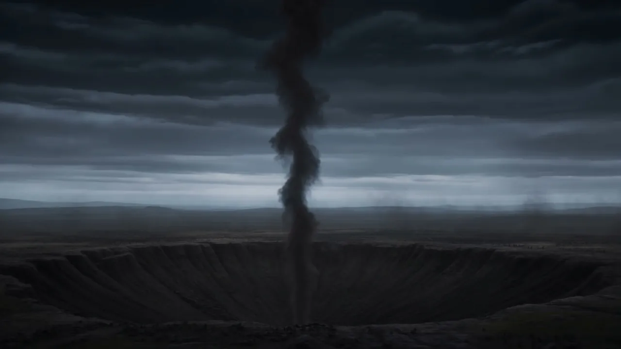 A column of smoke stands slowly up out of it. The dust drifts. The smoke leans