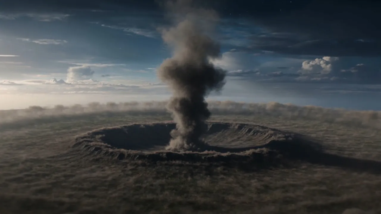 And a crater of darkness blooms in a quiet green land