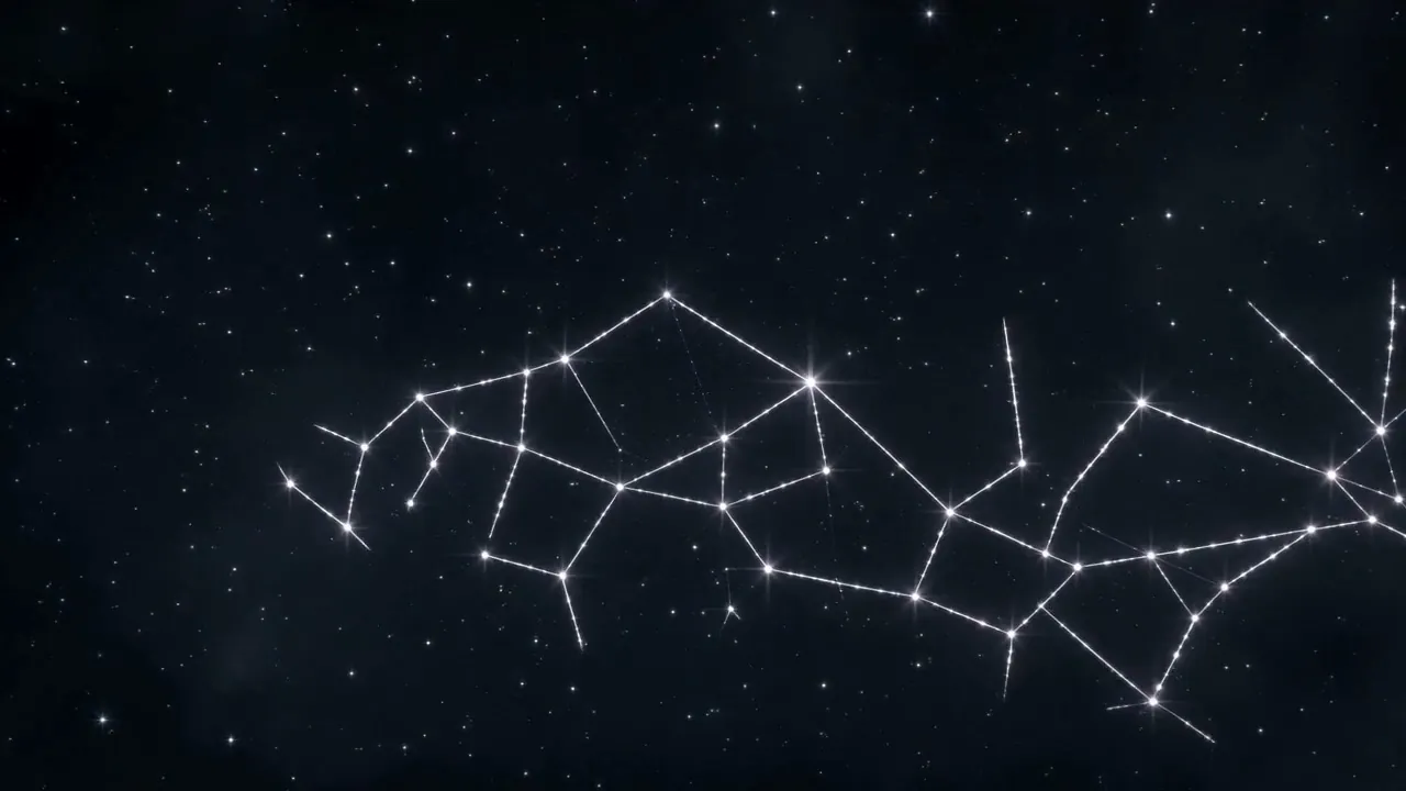 The raked sky begins to heal — constellation after constellation switching on