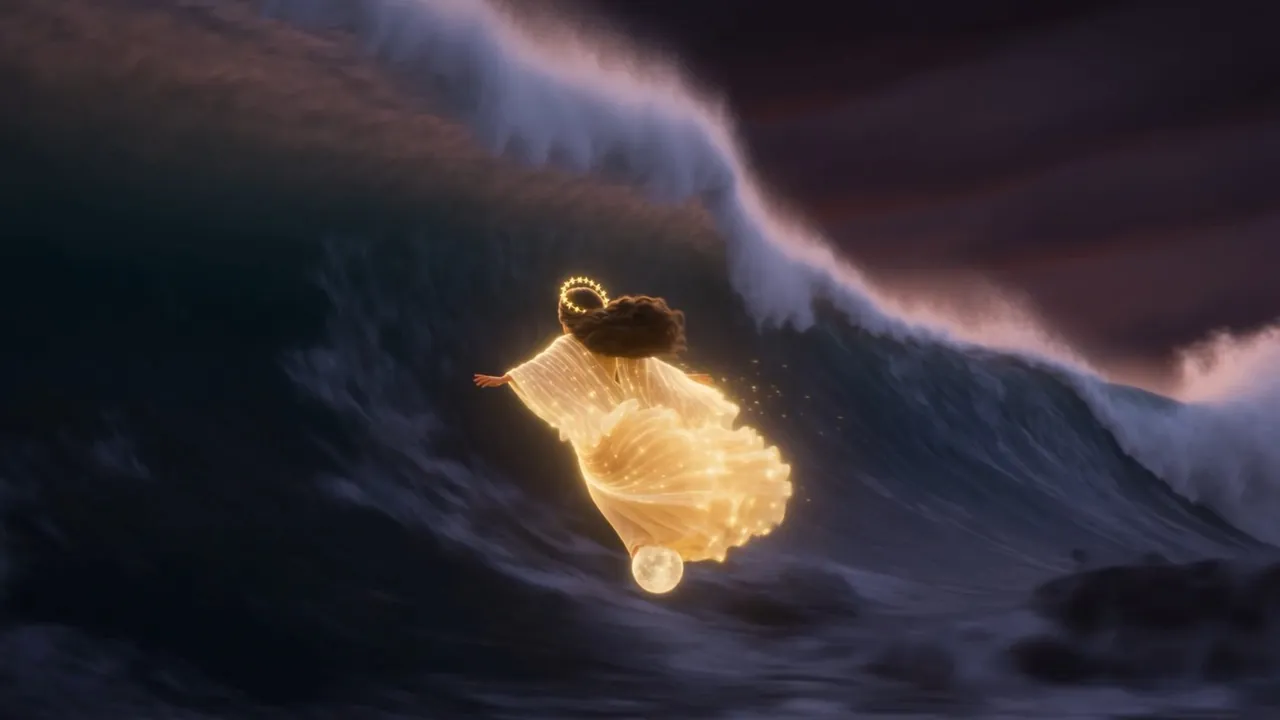 Her wings straining, her light low, the water-wall's shadow reaching her heels