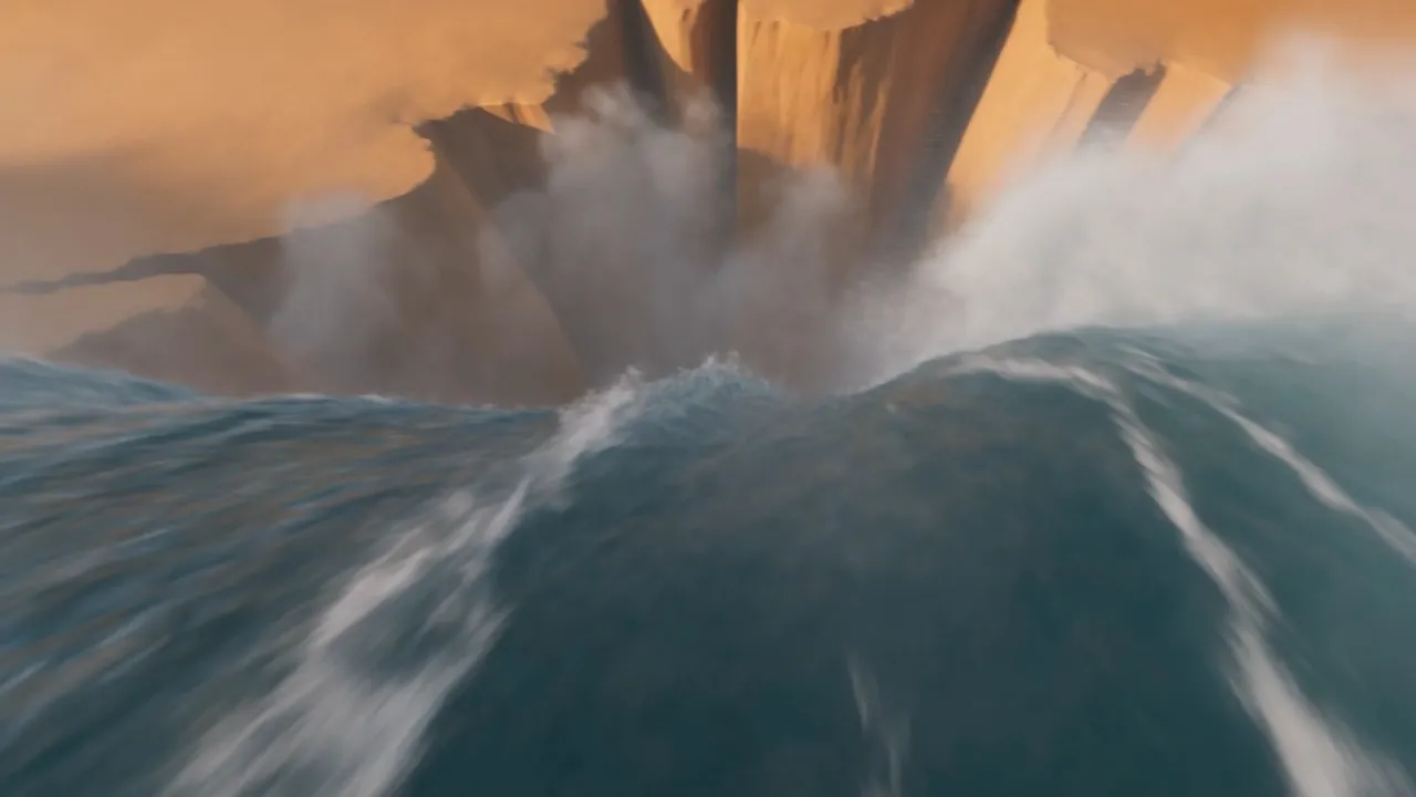 And then the ground takes her side: the desert floor cracks open across the flood's path