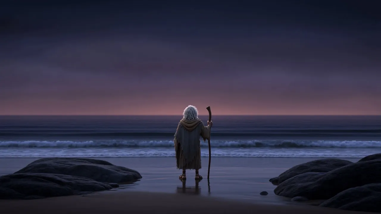 Same dusk. Same horizon. Same sea — and an old man standing where he stood