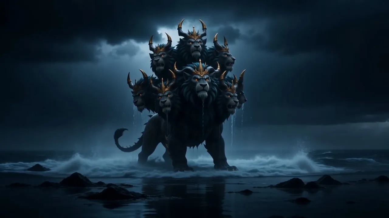It stands in the shallows, sea streaming off its shoulders like torn banners