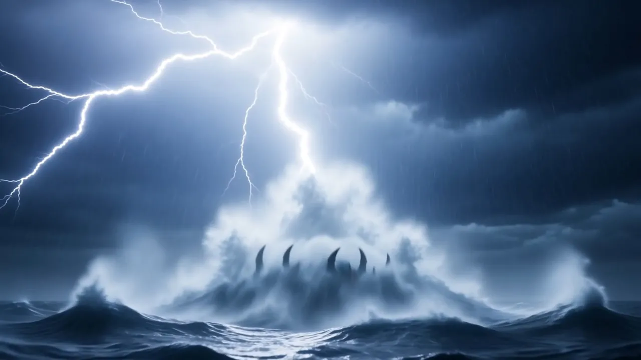 Something enormous is coming up underneath. Horns break the surface first