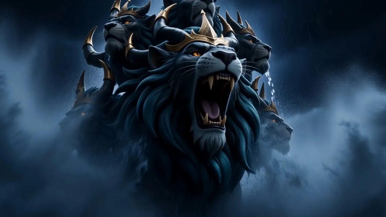 The foremost head opens its mouth, and the lightning prints its shape on the night