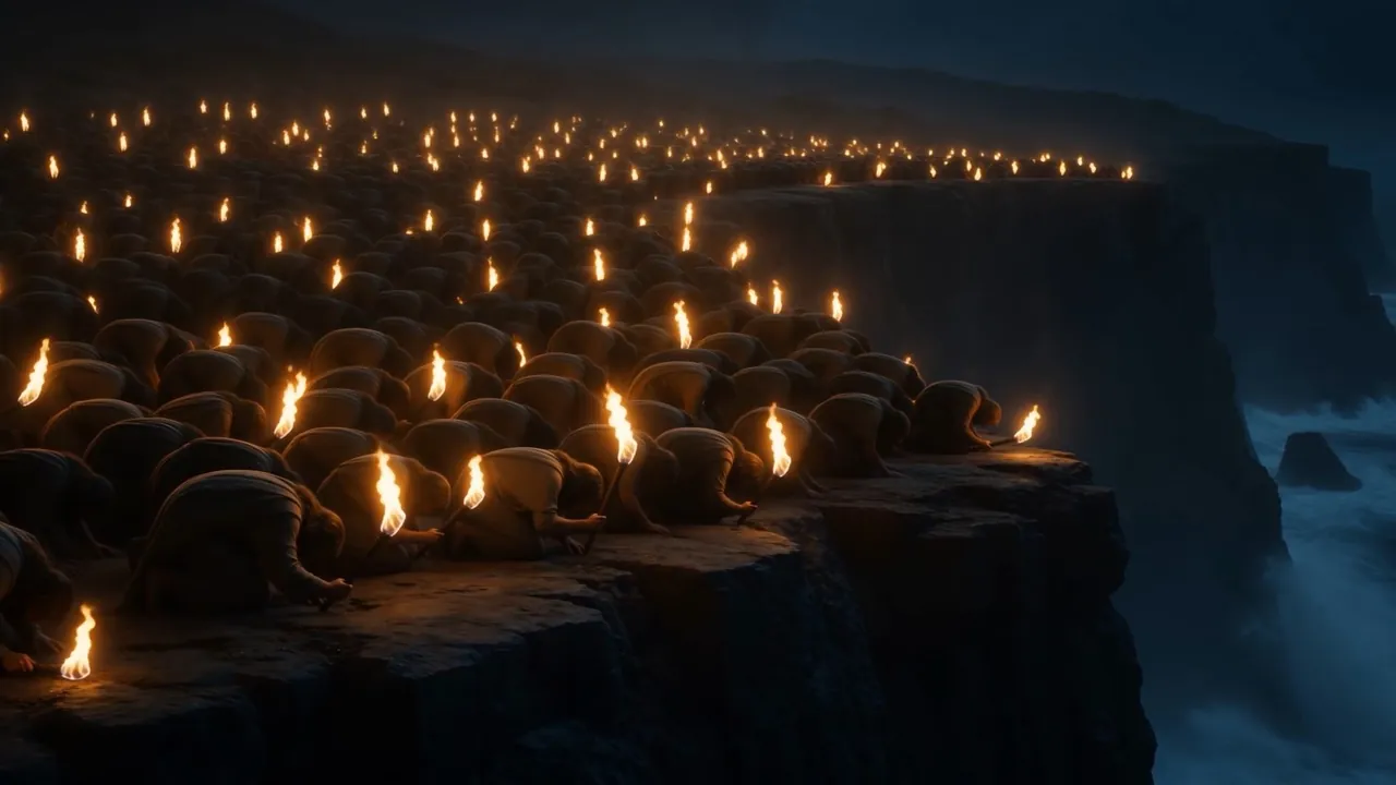 Rank after rank going down along the cliff-line, torches lowering like dipped wheat