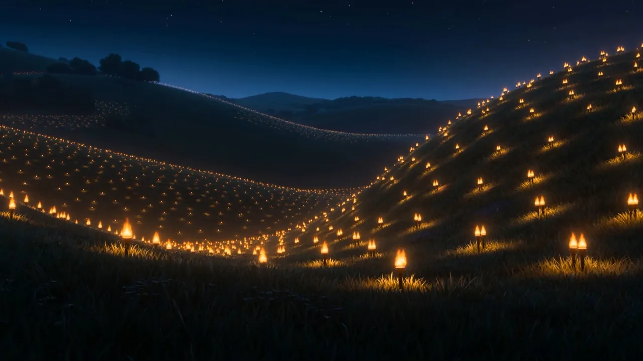 Somewhere else, that same night: a hillside covered in small flames