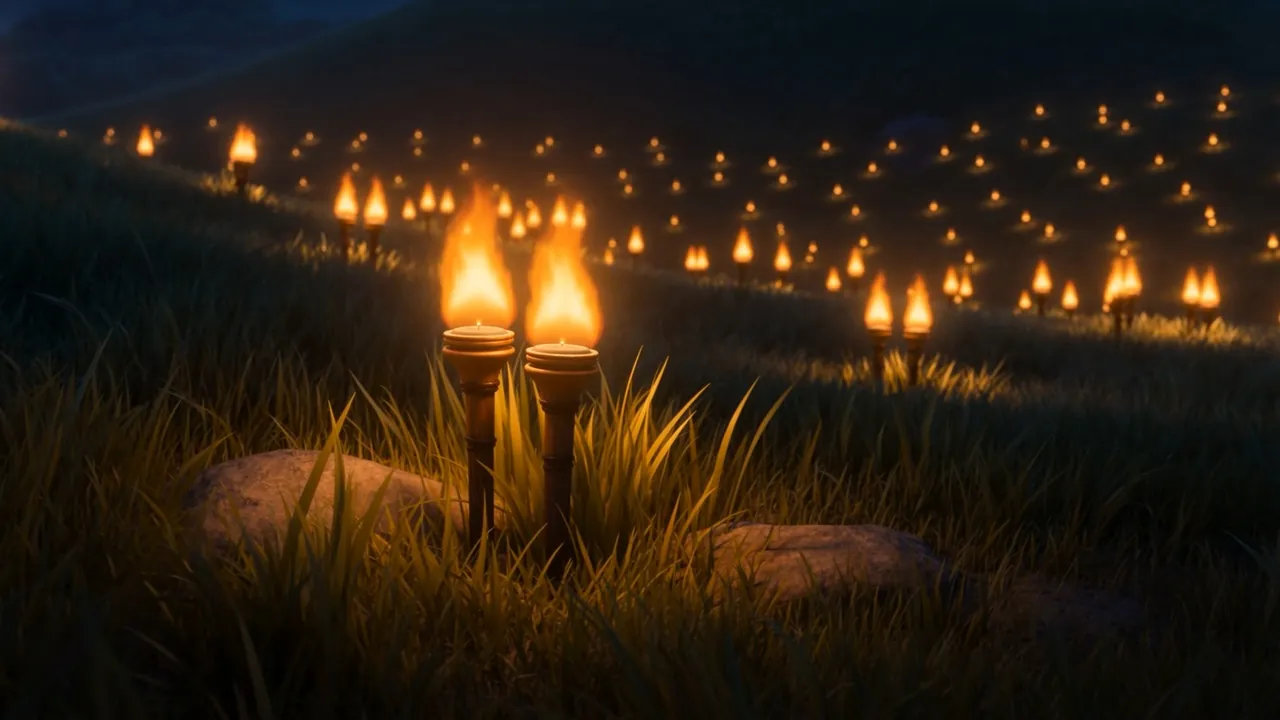 Lampstands knee-high in the grass, each with its own circle of warm ground