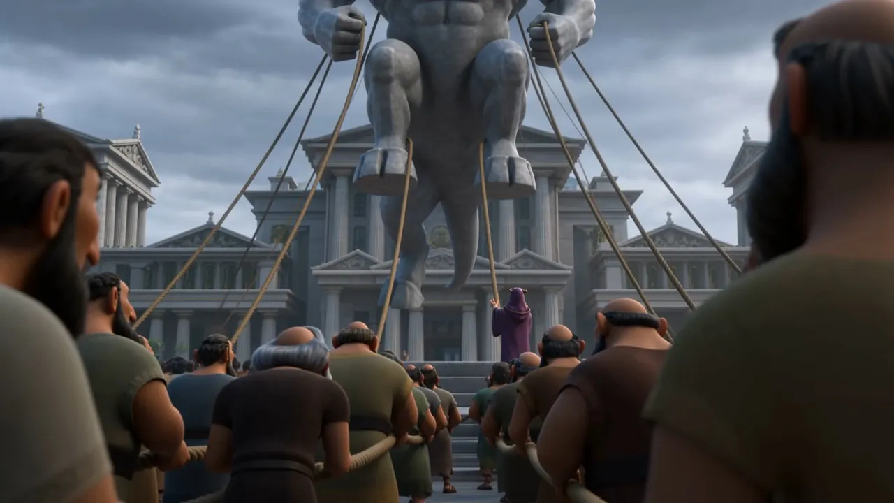 In the city square, ropes and scaffolds and hundreds of straining backs