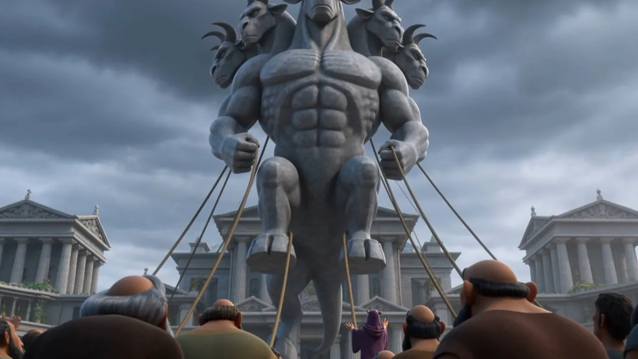 A stone image of the beast goes up against the sky, twice the height of the houses