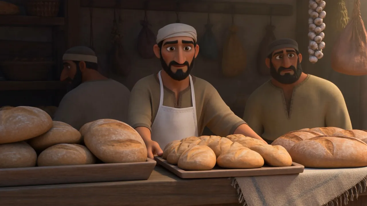 Beyond the bar, the baker draws his tray back out of reach