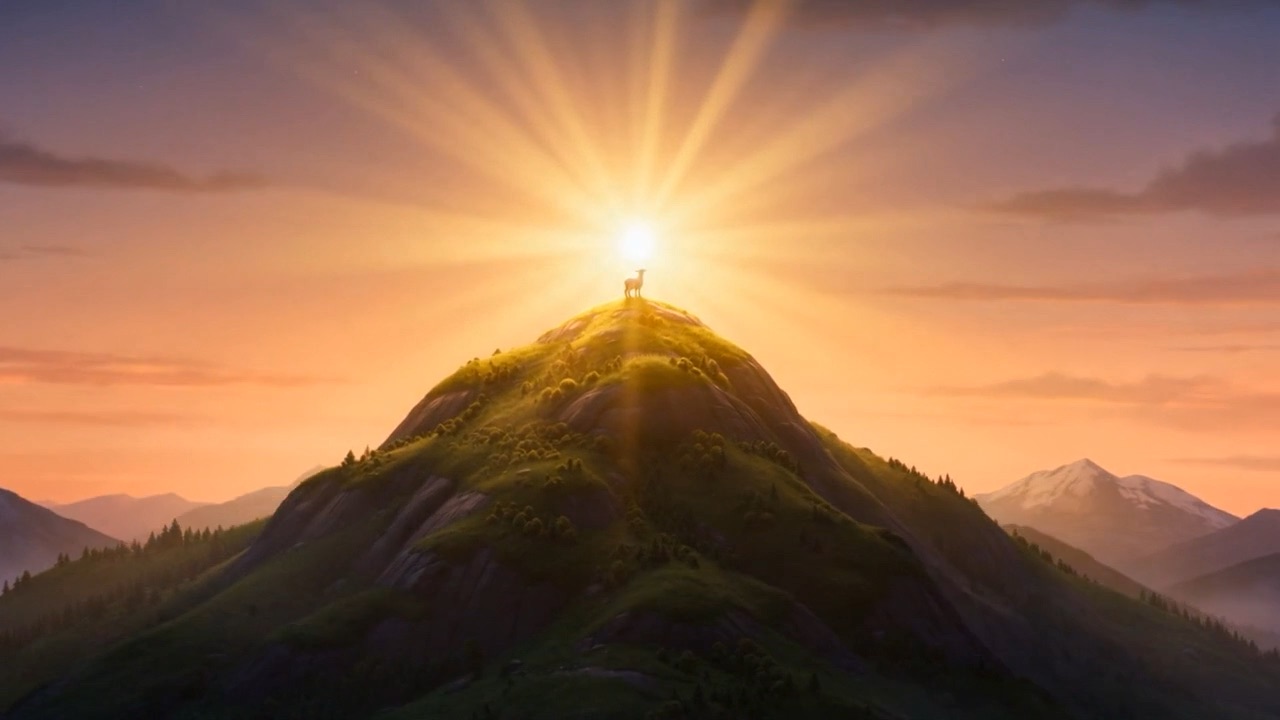 At sunrise a single white lamb stands on a green summit, the sun breaking into rays directly behind it over blue mountains.