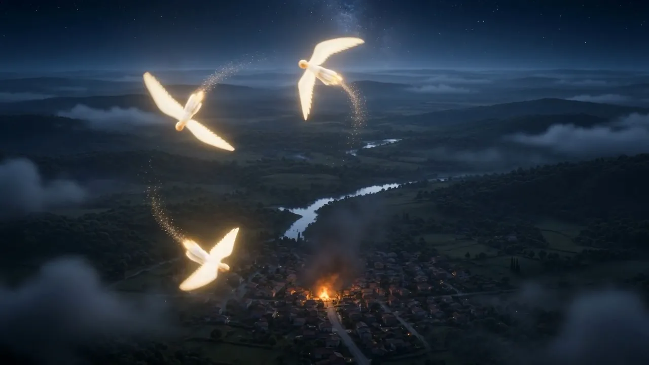 High over the shadowed lands, three lights cross mid-heaven in file