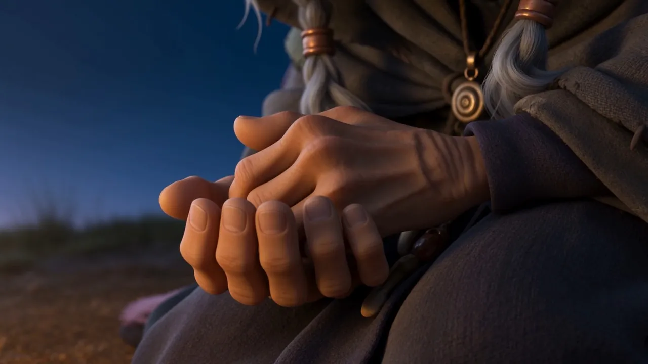 Far below, on a hillside at dusk, a widow kneels at fresh-turned earth